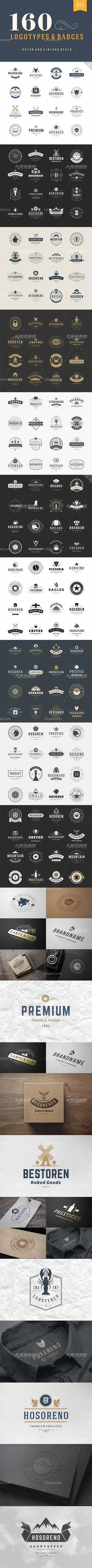 160 Vintage logotypes and badges,160个传统的标志和徽章